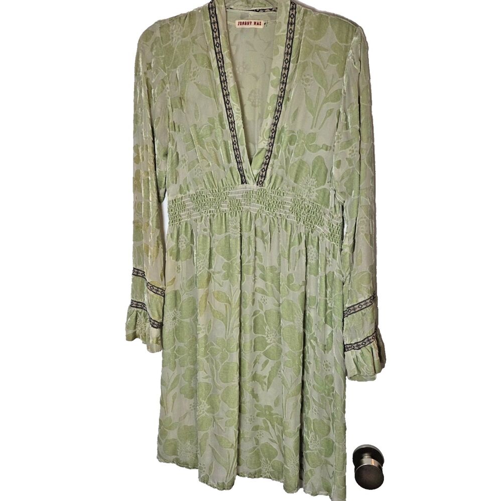 Johnny Was Green Floral Sheer Boho Dress Size S Long Sleeve V Neck Smocked Waist